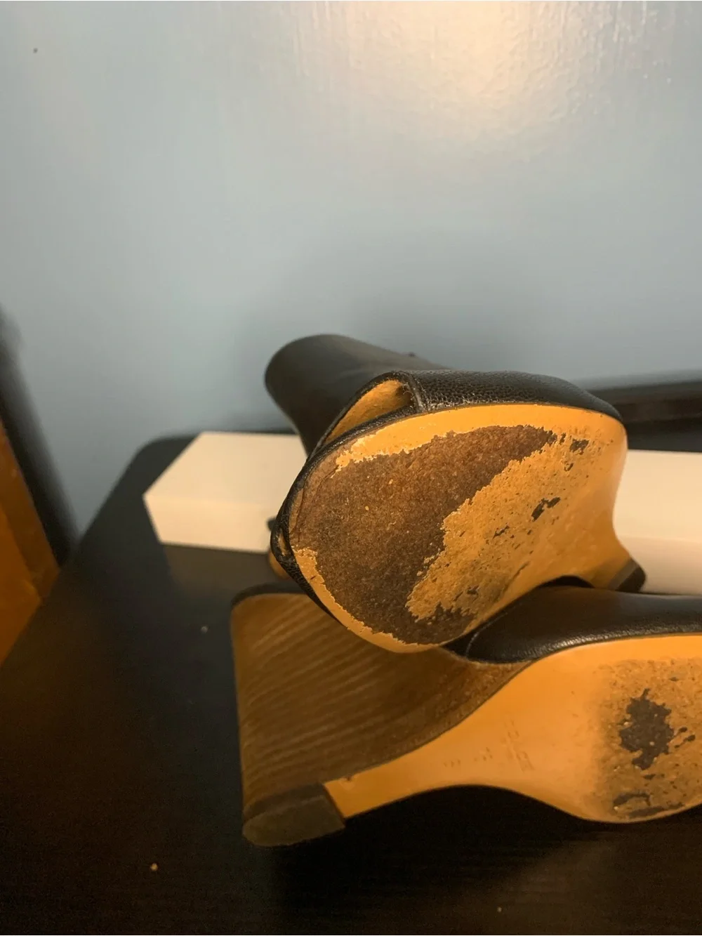 Coach Black Leather Peep-Toe Wedge Slingback Sandals (damaged inside)